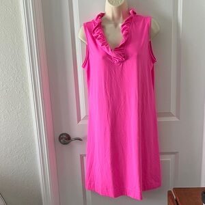 Lulu B Colorful Comfy Clothing Ruffle V-Neck Shift Dress - Hot Pink Sz M